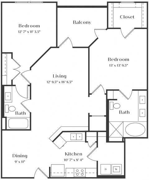 Floor plan for 2 beds, 2 baths, 1148 sqft